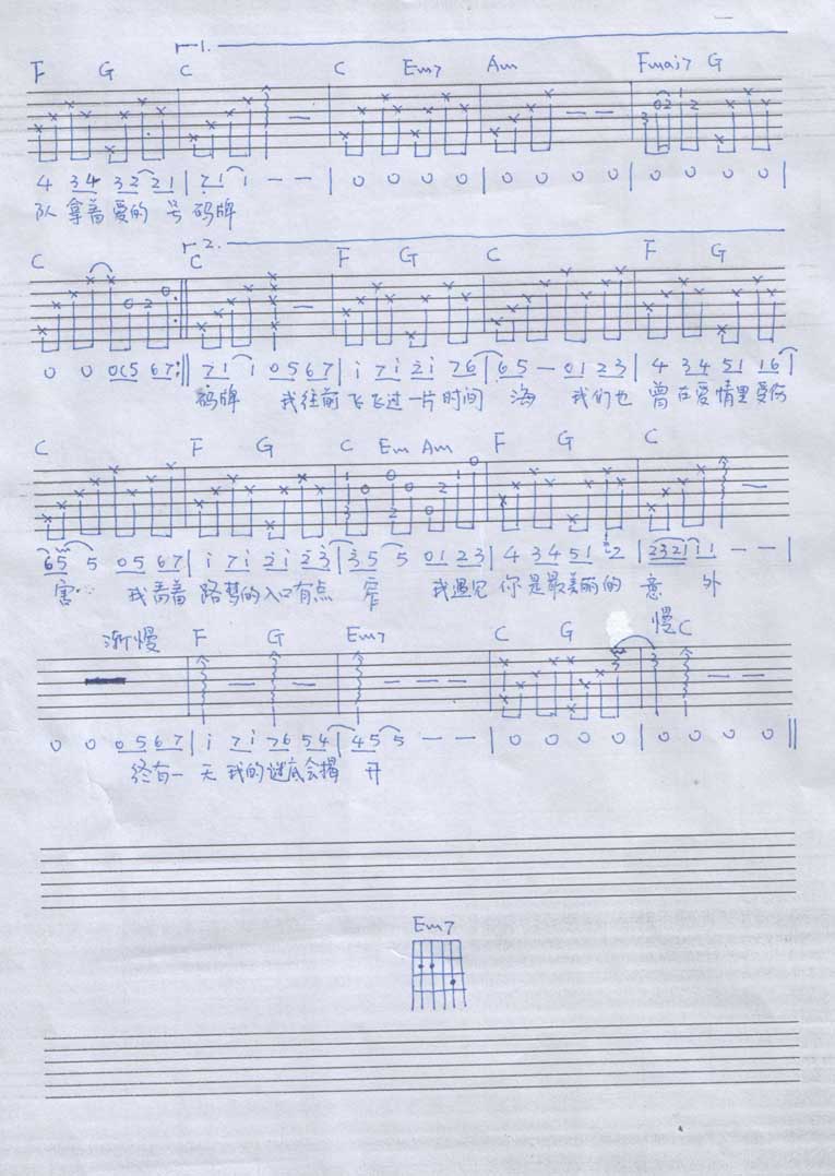 遇见-适合男生弹唱版吉他谱